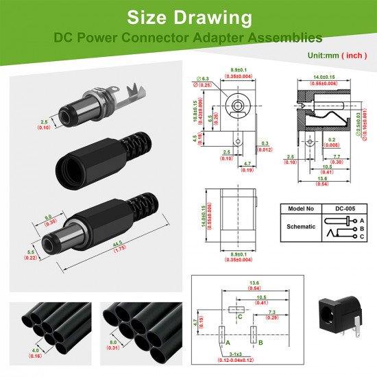 5.5*2.5 mm DC Power Male Plug and Female Socket with Shrink Tube.