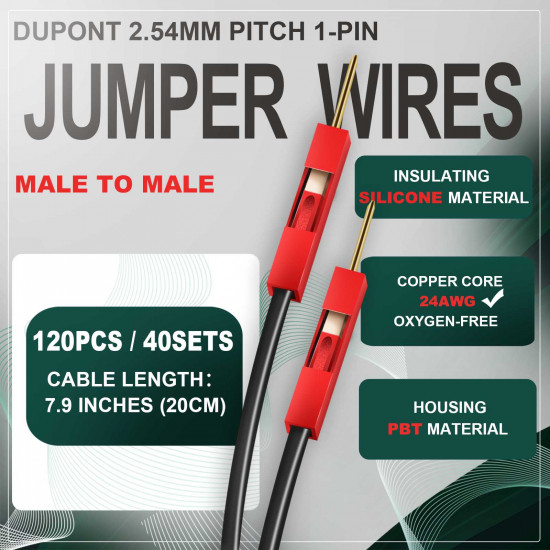 DuPont 2.54 mm 1-Pin Red Male-Male Connector 24AWG 20cm Silicone Cable (40 Sets / 120 Pcs) DuPont 2.54 mm 1-Pin Red Male-Male Connector 24AWG 20cm Silicone Cable (40 Sets / 120 Pcs)