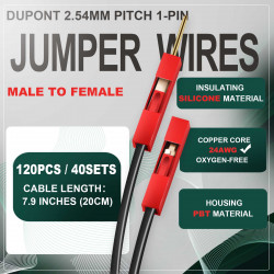 DuPont 2.54 mm 1-Pin Red Male-Female Connector 24AWG 20cm Silicone Cable (40 Sets / 120 Pcs)