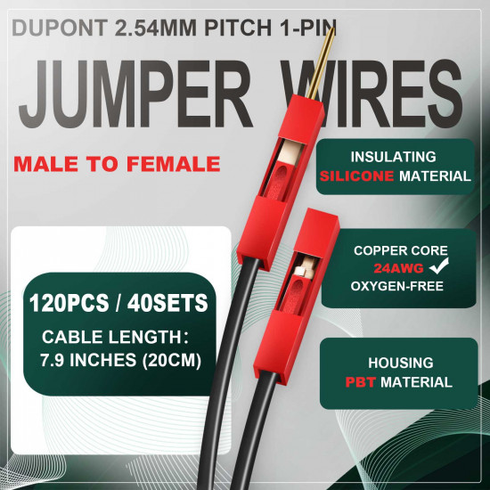 DuPont 2.54 mm 1-Pin Red Male-Female Connector 24AWG 20cm Silicone Cable (40 Sets / 120 Pcs) DuPont 2.54 mm 1-Pin Red Male-Female Connector 24AWG 20cm Silicone Cable (40 Sets / 120 Pcs)