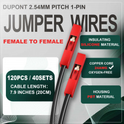 DuPont 2.54 mm 1-Pin Red Female-Female Connector 24AWG 20cm Silicone Cable (40 Sets / 120 Pcs)