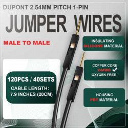 DuPont 2.54 mm 1-Pin Black Male-Male Connector 24AWG 20cm Silicone Cable (40 Sets / 120 Pcs)