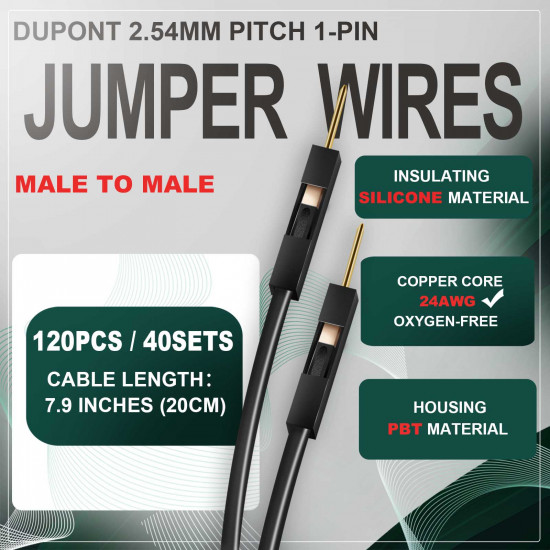 DuPont 2.54 mm 1-Pin Black Male-Male Connector 24AWG 20cm Silicone Cable (40 Sets / 120 Pcs) DuPont 2.54 mm 1-Pin Black Male-Male Connector 24AWG 20cm Silicone Cable (40 Sets / 120 Pcs)