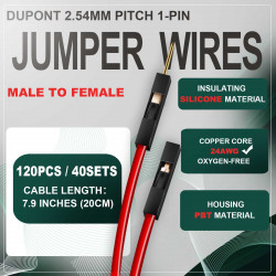 DuPont 2.54 mm 1-Pin Black Male-Female Connector 24AWG 20cm Silicone Cable (40 Sets / 120 Pcs)