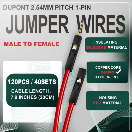 DuPont 2.54 mm 1-Pin Black Male-Female Connector 24AWG 20cm Silicone Cable (40 Sets / 120 Pcs) DuPont 2.54 mm 1-Pin Black Male-Female Connector 24AWG 20cm Silicone Cable (40 Sets / 120 Pcs)