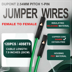 DuPont 2.54 mm 1-Pin Black Female-Female Connector 24AWG 20cm Silicone Cable (40 Sets / 120 Pcs)