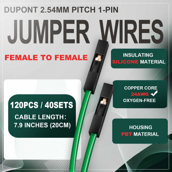 DuPont 2.54 mm 1-Pin Black Female-Female Connector 24AWG 20cm Silicone Cable (40 Sets / 120 Pcs) DuPont 2.54 mm 1-Pin Black Female-Female Connector 24AWG 20cm Silicone Cable (40 Sets / 120 Pcs)