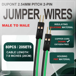 DuPont 2.54 mm 2-Pin Male-Male Connector 24AWG 20cm Silicone Cable (20 Sets / 80 Pcs)