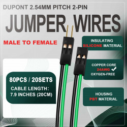 DuPont 2.54 mm 2-Pin Male-Female Connector 24AWG 20cm Silicone Cable (20 Sets / 80 Pcs)