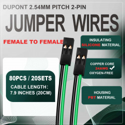 DuPont 2.54 mm 2-Pin Female-Female Connector 24AWG 20cm Silicone Cable (20 Sets / 80 Pcs)
