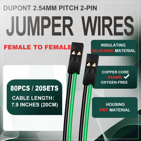 DuPont 2.54 mm 2-Pin Female-Female Connector 24AWG 20cm Silicone Cable (20 Sets / 80 Pcs) DuPont 2.54 mm 2-Pin Female-Female Connector 24AWG 20cm Silicone Cable (20 Sets / 80 Pcs)