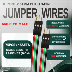 DuPont 2.54 mm 3-Pin Male-Male Connector 24AWG 20cm Silicone Cable (15 Sets / 75 Pcs)