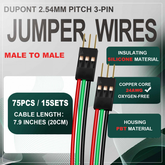 DuPont 2.54 mm 3-Pin Male-Male Connector 24AWG 20cm Silicone Cable (15 Sets / 75 Pcs) DuPont 2.54 mm 3-Pin Male-Male Connector 24AWG 20cm Silicone Cable (15 Sets / 75 Pcs)