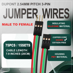DuPont 2.54 mm 3-Pin Male-Female Connector 24AWG 20cm Silicone Cable (15 Sets / 75 Pcs)