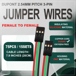 DuPont 2.54 mm 3-Pin Female-Female Connector 24AWG 20cm Silicone Cable (15 Sets / 75 Pcs)