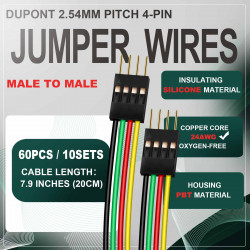 DuPont 2.54 mm 4-Pin Male-Male Connector 24AWG 20cm Silicone Cable (10 Sets / 60 Pcs)