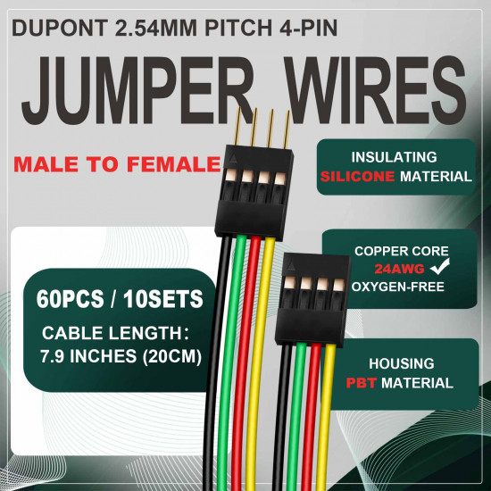 DuPont 2.54 mm 4-Pin Male-Female Connector 24AWG 20cm Silicone Cable (10 Sets / 60 Pcs) DuPont 2.54 mm 4-Pin Male-Female Connector 24AWG 20cm Silicone Cable (10 Sets / 60 Pcs)