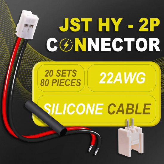 JST 2.0 mm HY 2-Pin Connector 22AWG 20cm Silicone Cable (20 Sets / 80 Pcs) JST 2.0 mm HY 2-Pin Connector 22AWG 20cm Silicone Cable (20 Sets / 80 Pcs)