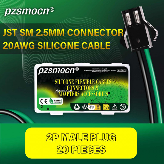 JST SM 2.5 mm 2 Pin Male Plug 20AWG 20cm Silicone Cable (20 Pieces) JST SM 2.5 mm 2 Pin Male Plug 20AWG 20cm Silicone Cable (20 Pieces)