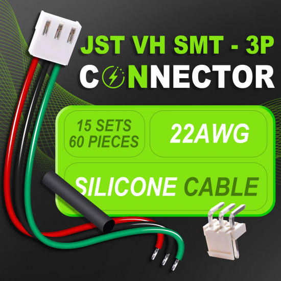 JST 3.96 mm VH SMD 3-Pin Connector 22AWG 20cm Silicone Cable (15 Sets / 60 Pcs)