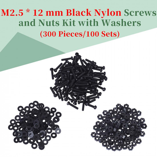 M2.5 * 12 mm Black Nylon Screws and Nuts Kit with Washers