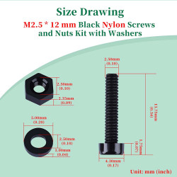 M2.5 * 12 mm Black Nylon Screws and Nuts Kit with Washers