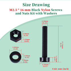 M2.5 * 16 mm Black Nylon Screws and Nuts Kit with Washers