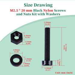 M2.5 * 20 mm Black Nylon Screws and Nuts Kit with Washers