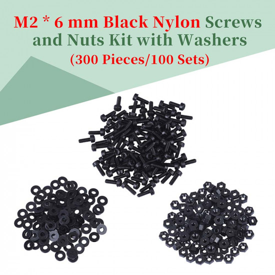 M2 * 6 mm Black Nylon Screws and Nuts Kit with Washers