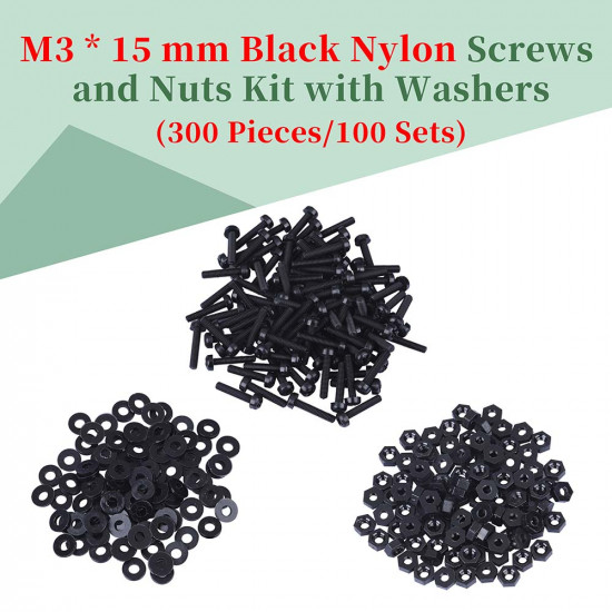 M3 * 15 mm Black Nylon Screws and Nuts Kit with Washers