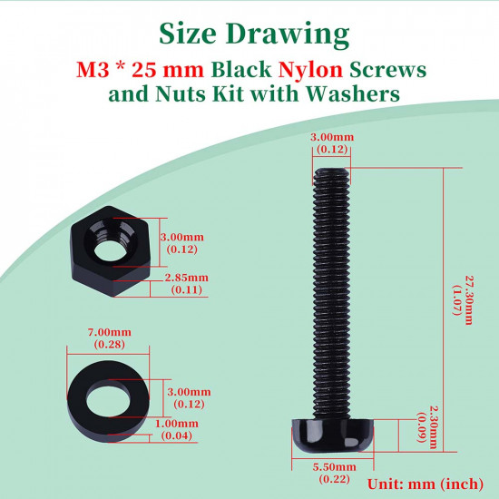 M3 * 25 mm Black Nylon Screws and Nuts Kit with Washers