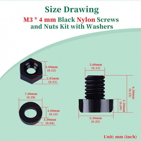 M3 * 4 mm Black Nylon Screws and Nuts Kit with Washers
