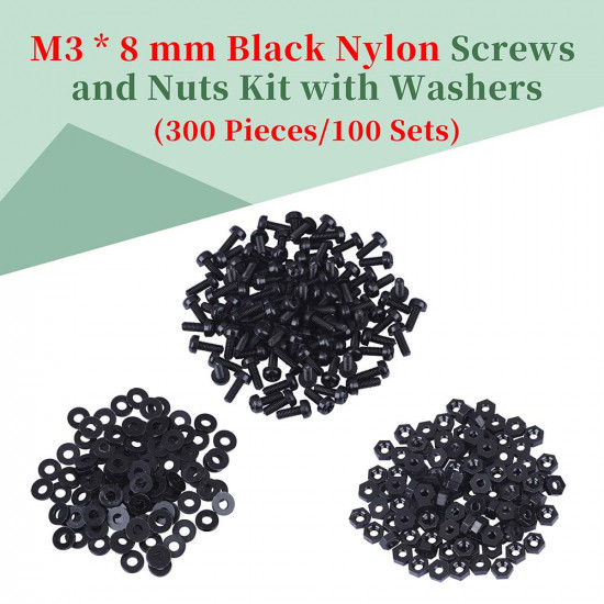 M3 * 8 mm Black Nylon Screws and Nuts Kit with Washers