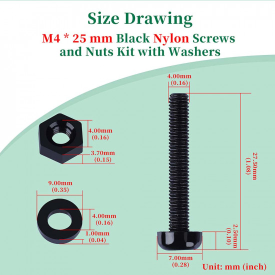 M4 * 25 mm Black Nylon Screws and Nuts Kit with Washers