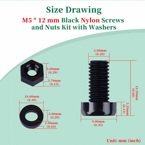 M5 * 12 mm Black Nylon Screws and Nuts Kit with Washers