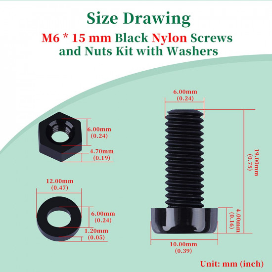 M6 * 15 mm Black Nylon Screws and Nuts Kit with Washers