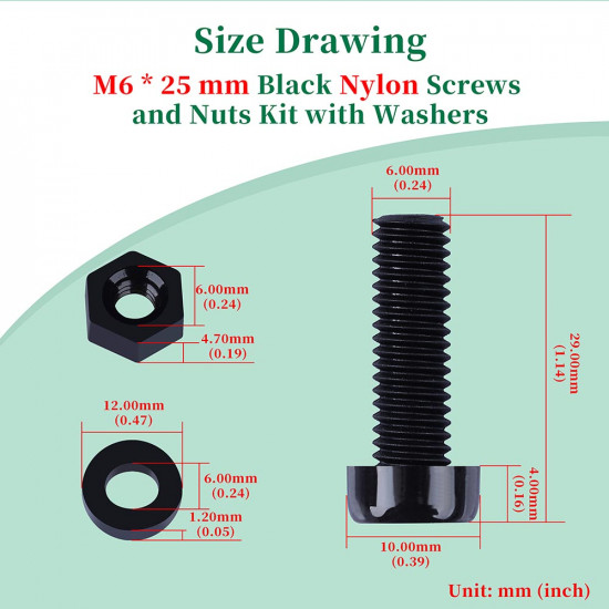 M6 * 25 mm Black Nylon Screws and Nuts Kit with Washers