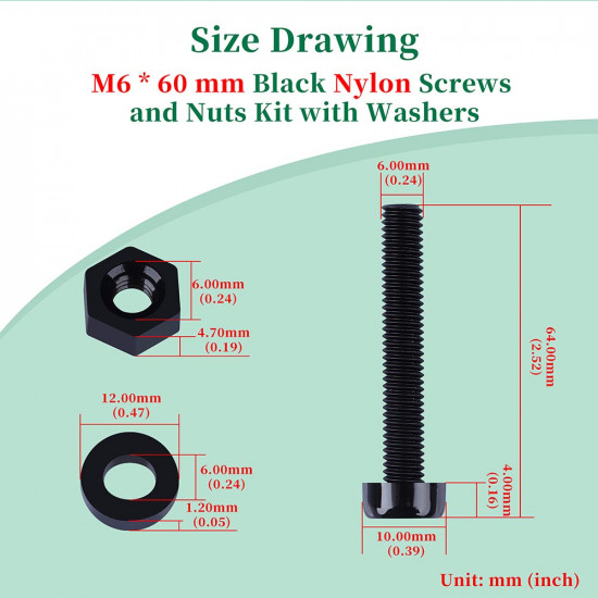 M6 * 60 mm Black Nylon Screws and Nuts Kit with Washers