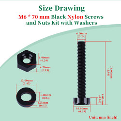 M6 * 70 mm Black Nylon Screws and Nuts Kit with Washers