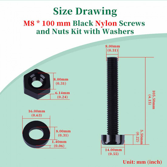 M8 * 100 mm Black Nylon Screws and Nuts Kit with Washers
