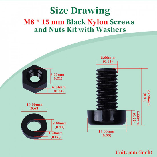 M8 * 15 mm Black Nylon Screws and Nuts Kit with Washers