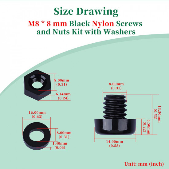 M8 * 8 mm Black Nylon Screws and Nuts Kit with Washers