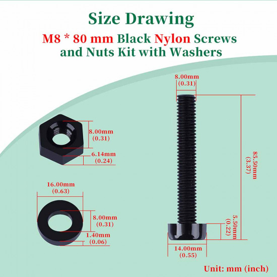 M8 * 80 mm Black Nylon Screws and Nuts Kit with Washers