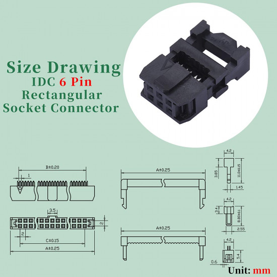 2.0 mm 2*3 Double Row 6 Pin IDC Rectangular Socket Connector FC Flat Female Terminal 3 Piece Set