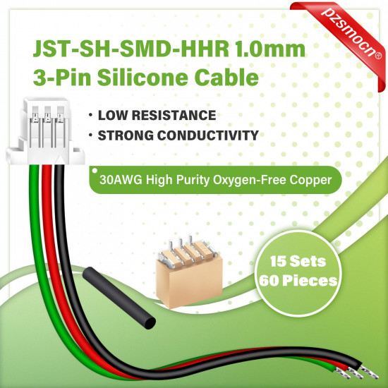 JST 1.0 mm SH HHR 3-Pin Connector 30AWG 20cm Silicone Cable (15 Sets / 60 Pcs)