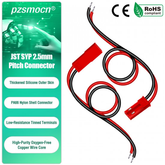 JST SYP 2.5 mm 2 Pin Male Plug 22AWG 20cm Silicone Cable (20 Pieces)