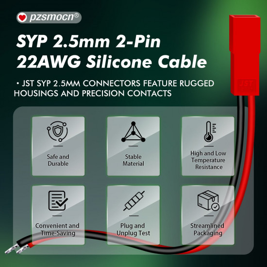 JST SYP 2.5 mm 2 Pin Male Plug 22AWG 20cm Silicone Cable (20 Pieces)