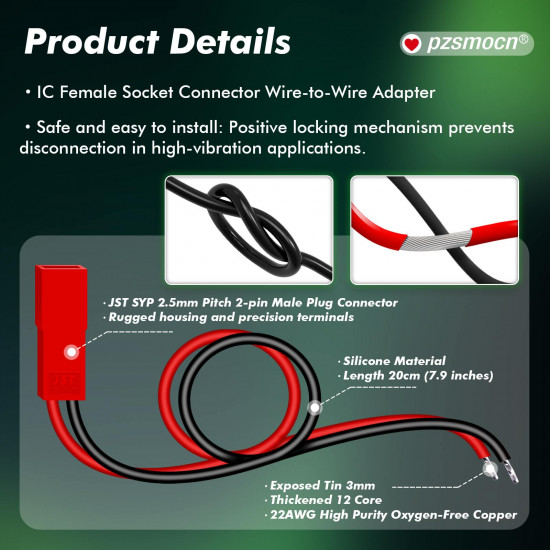 JST SYP 2.5 mm 2 Pin Male Plug 22AWG 20cm Silicone Cable (20 Pieces)