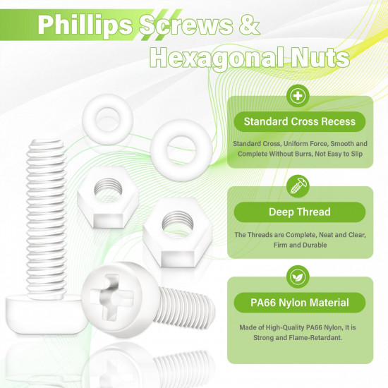 M3*30 mm White Nylon Screws and Nuts Kit with Washers（300 Pieces/100 Sets）