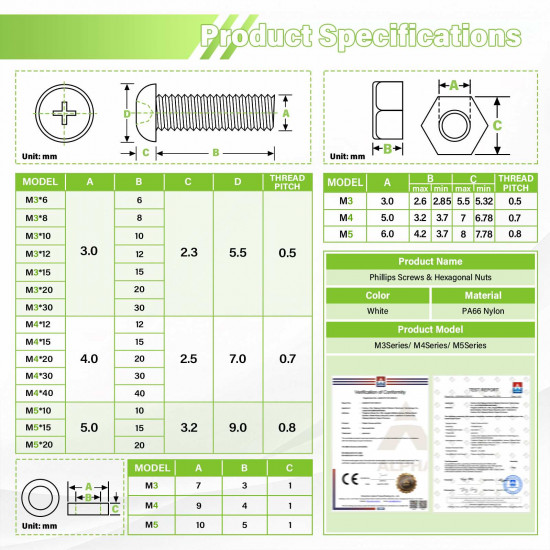 M3*30 mm White Nylon Screws and Nuts Kit with Washers（300 Pieces/100 Sets）